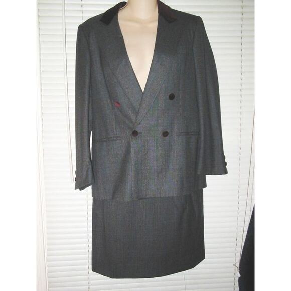 VINTAGE 80s BURBERRY SUIT GLEN PLAID W/ BURGUNDY VELVET TRIM ACADEMIA - Picture 1 of 5